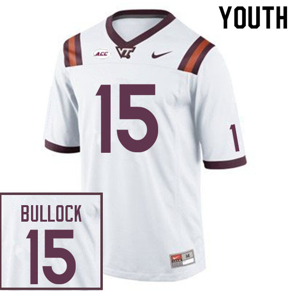 Youth #15 Tahj Bullock Virginia Tech Hokies College Football Jerseys Sale-White - Click Image to Close